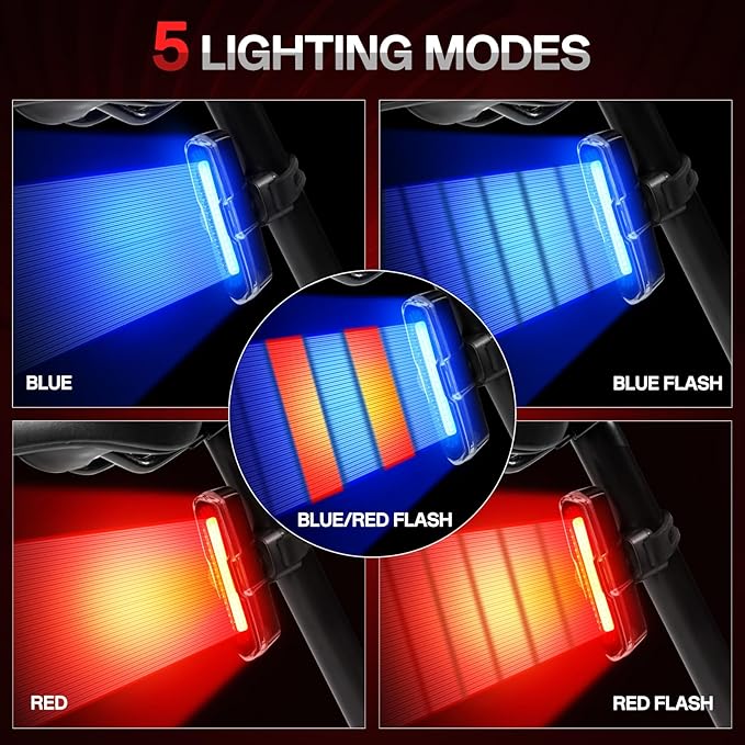 Bike Tail Light Powerful 110 Lumens - Bicycle Light 5 Modes Red/Blue, Waterproof IP64, Rechargeable USB-C, Quick Release Brackets for Saddle & Seatpost, DON PEREGRINO B2 Rear Bike Light