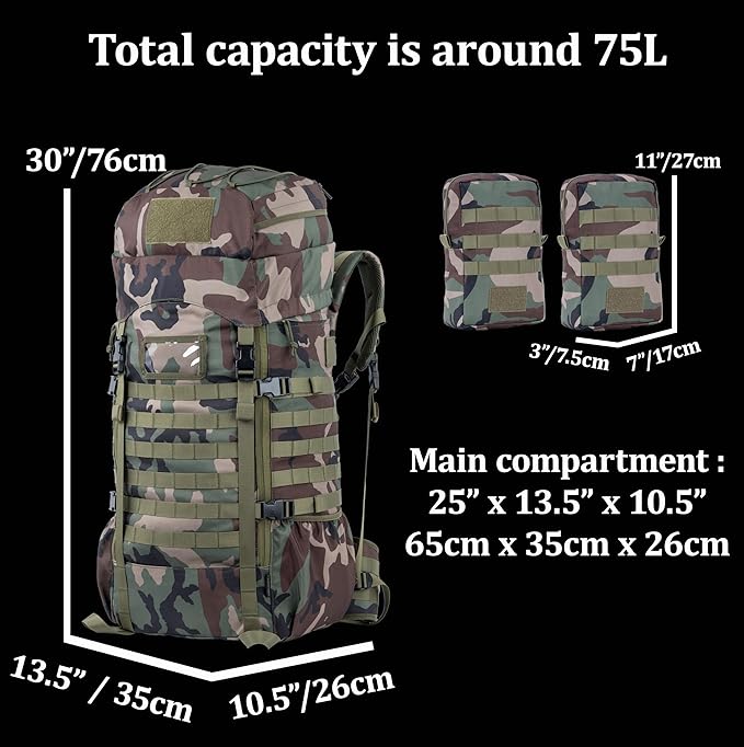 75L Large Tactical Backpack Military Ruchsack with Internal Frame, MOLLE, and Hydration System for Camping Backpacking Hiking
