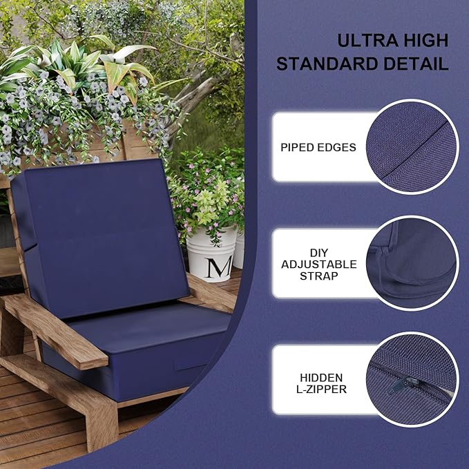 6 Inch Thick Foldable Deep Seat Cushion, 2 PCS 24 x 24 Inch Outdoor Water & Fade Resistant Olefin Patio Furniture Replacement Chair Cushion, with Removable Cover, Handle and Straps, Dark Blue