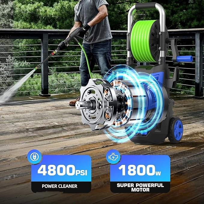 4800 PSI Pressure Cleaner- 4.0 GPM High Power Cleaner with 33FT Hose Reel, 4 Spray Tips and Soap Bottle for Car Washing, Fence Cleaning, Patio Maintenance（Upgraded）(Light Blue)