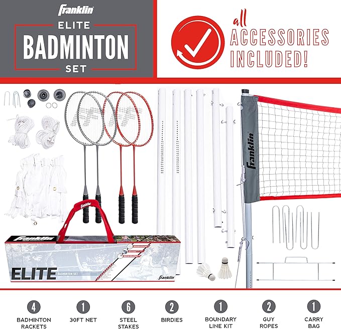 Franklin Sports Badminton Net Sets - Outdoor Backyard + Beach Badminton Net + Equipment Set - (4) Rackets + (2) Birdies + Portable Net Included - Adults + Kids Set