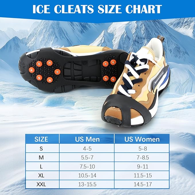 Anti Slip Ice Cleats, Ice Snow Traction Cleats for Walking on Snow and Ice, 10 Steel Studs Crampons, Ice Snow Grips with Extra 20 Replacement Studs for Shoes and Boots