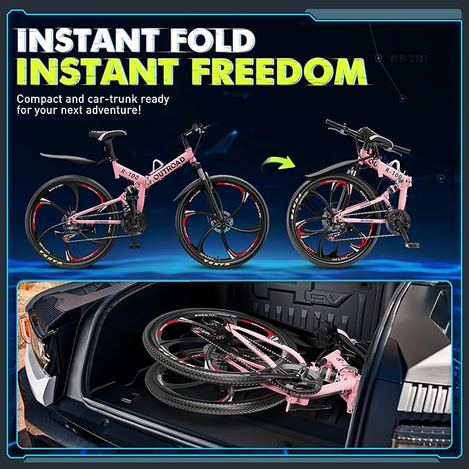 26 inch Folding Mountain Bike, Carbon Steel Frame and 21 Speed, Double Disc Brake and Dual Suspension Folding Bike for Adults/Men/Women, Easy Assembly Bicycle(Black/Green/Orange)