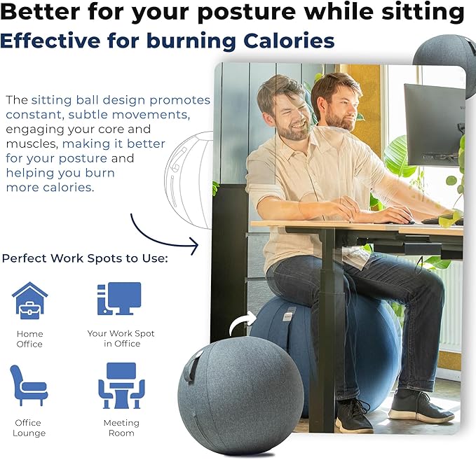 Balance Ball Chair for Office & Home - Ergonomic Exercise Ball for Posture & Back Pain Relief, Yoga Ball Chair - Sitting Ball with Washable Linen Cover