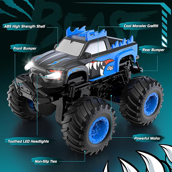 Remote Control Car, 1:24 Scale All Terrain Monster Tuck Toys with Auto Demo, Remote Control Tuck with 360° Rotation and Lights, 2.4Ghz Rc Cars Support 20km/h, Monster Trucks for Boys Age 4-7