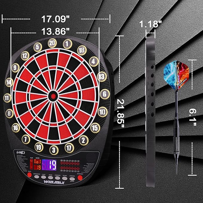 WIN.MAX Electronic Dart Board Soft Tip Dartboard Set LED Displays 3 Languages with 12 Darts 100 Tips Power Adapter