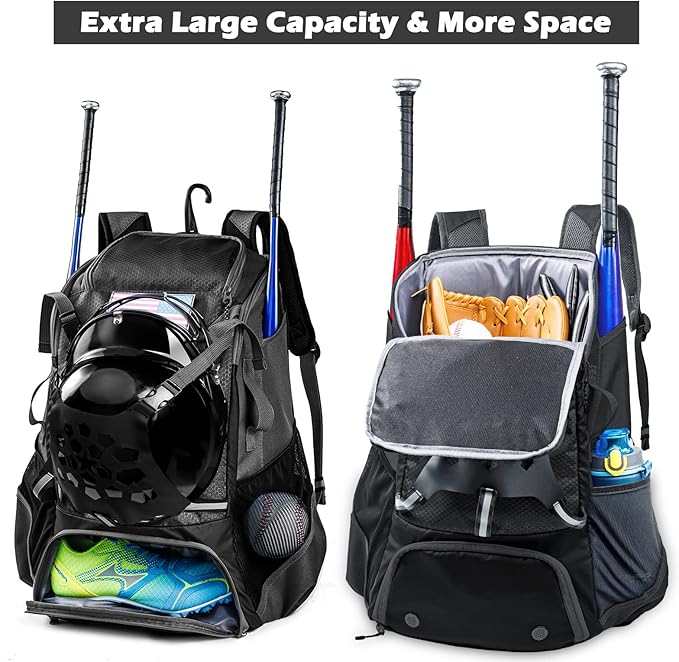 Baseball Backpack for Youth, Boys, Adults - Bat and Softball Equipment Bag With Glove Holder, Helmet, Shoes Compartment - T-Ball Accessories and Baseball Gifts