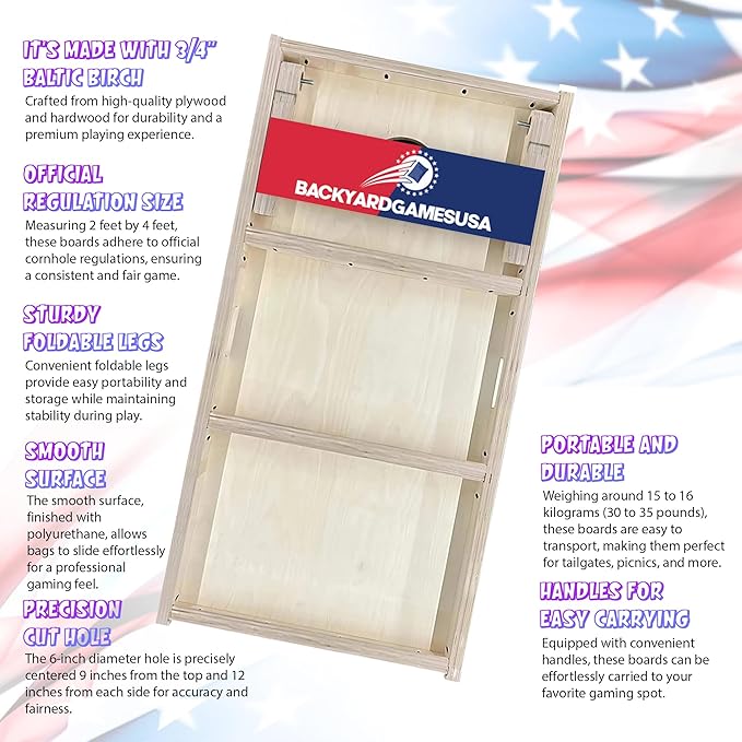 CornholeGamesUSA Pro Cornhole Boards Set | Made in USA | 3/4 Baltic Birch | No Bounce | Triple Thick Legs | Two Brace & Handles, Tournament 2x4 Regulation Set with Score Tower & Cornhole Bags