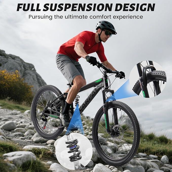 Mountain Bike 24 26 27.5 Inch, Dual Full Suspension Mens Womens Bike, 21 Speeds Dual Disc Brake Carbon Steel Bike, Boys Mens Mountain Bike for School Work Summer Camping, Birthday Gift Choice