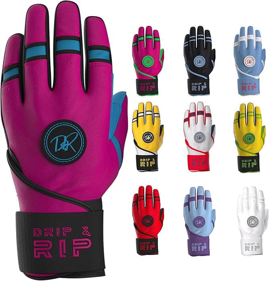 Drip & Rip Baller Series - Youth Batting Gloves + Adult Batting Gloves - for Softball and Baseball - Long Cuff Style for Men and Youth