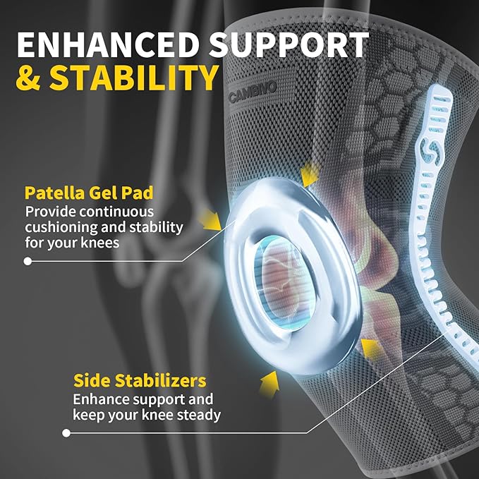 CAMBIVO 2 Pack Knee Brace for Men and Women, Knee Sleeves for Men with Patella Gel Pad and Side Stabilizers, Knee Compression Sleeves for Knee Pain Relief, Running, Workout, Daily Use