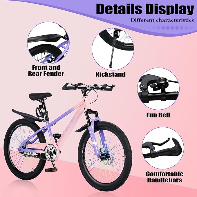 20'' Kids Mountain Bike for 7-10 Years Old Boys Girls, Kids Retro Cruiser Bike Hybrid Kids Bike Carbon Steel/Lightweight Aluminum Frame, Kids' Bicycles for Boys Girls Beginner Level Riders