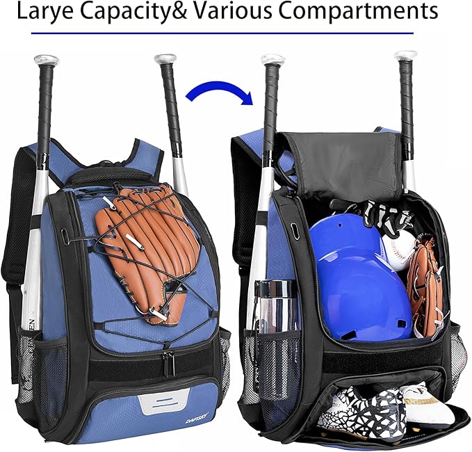 Baseball Bag Softball Backpack - Youth Adult T Ball Bat Equipment Bag with Bat Helmet Holders, Shoe Compartment