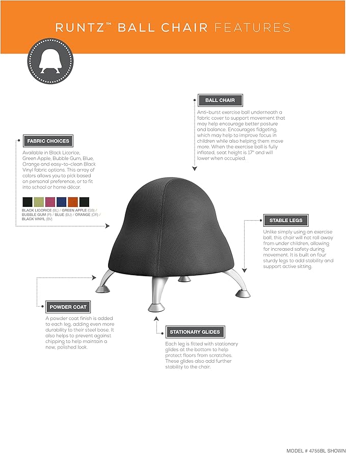 Safco Runtz Ball Chair for Kids, Anti-Burst, Exercise Ball Chair, Promotes Movement, Better Posture and Balance, Black Licorice