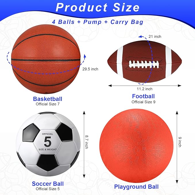 Lenwen 4 Pcs Sports Balls Set, Include Official Size Basketball Soccer Football Playground Ball Pump Equipment Bag Recess Equipment Sport for Teen Adult Gift Back to School