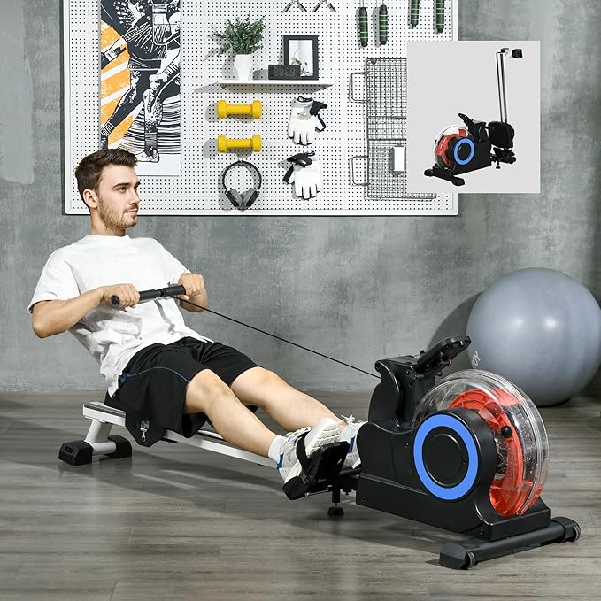Soozier Water Rowing Machine for Home, Foldable Rower Machine with Adjustable Resistance, Wheels, LCD Monitor and Tablet Holder, 264lbs Weight Capacity