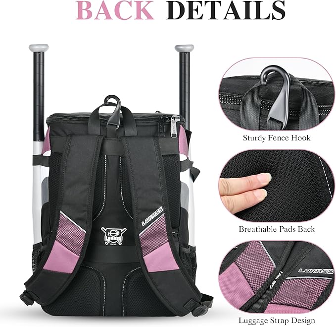 Baseball Backpack for Adult and Youth, Large Capacity Lightweight Softball Bag With Shoe Compartment and Fence Hook for TBall Bat & Equipment, Waterproof for Helmet, Gloves