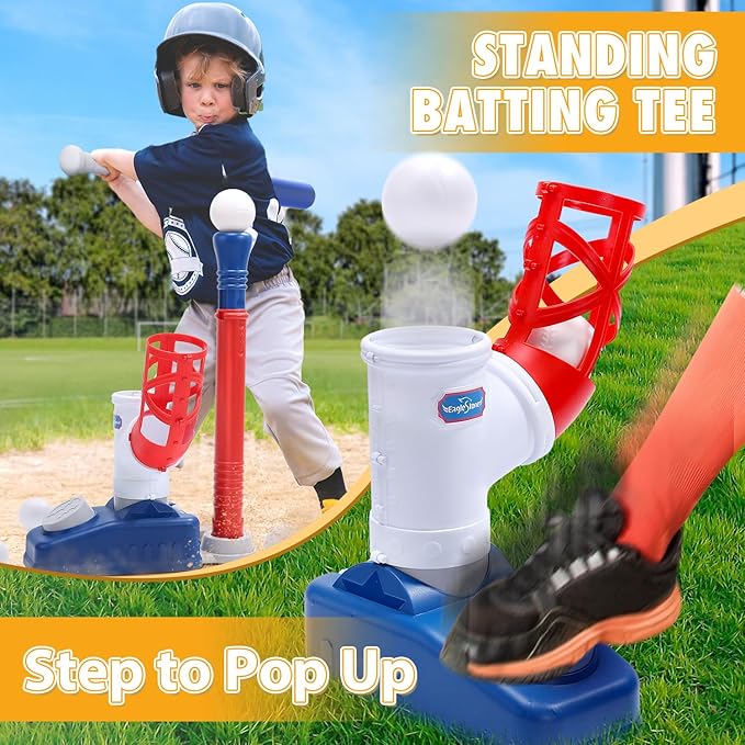 EagleStone Baseball Tee，T-Ball Set for Kids Ages 3-5, Toddler Baseball Set with Step-On Pitching Machine, Adjustable Batting Tee, Bat and 6 Balls - Perfect Outdoor Christmas Toys Gift for Boys