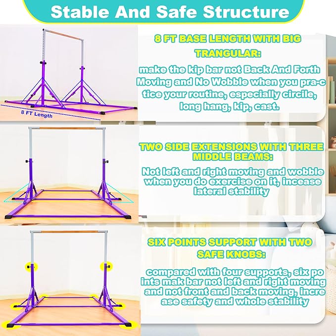 MARFULA Gymnastic Bar for Kid and Teenage Ages 3-25, 5 FT / 8 FT Base Length, 4 FT Width 5 FT Height, Gymnastic Kip Bar Horizontal Bar for Gymnast, Gymnastic Training Equipment for Home and Club Use