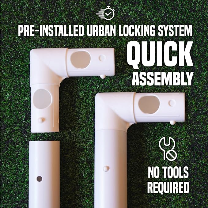 Flick Ultimate All Weather uPVC Soccer Goal with UV treated 70mm thick posts, integrated locking system, and strengthened corners 12x6