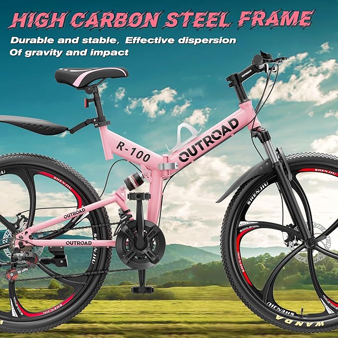 Betterland 26 Inch Folding Mountain Bike, 21 Speeds Full Suspension Foldable Bikes, Dual Disc Brake, High Carbon Steel Frame and Non-Slip Quick Release tire Bicycle for Adult