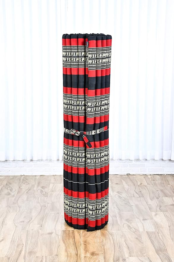 Leewadee - Foldable Floor Mattress - Japanese Roll Up Futon -Trifold Tatami Mat- Guest Floor Bed - Camping Mattress - Thai Massage Mat, Kapok Filled, 75 x 57 inches, Black Red