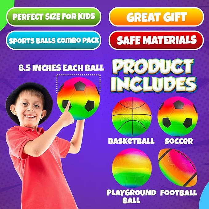 Rainbow Sports Balls for Kids & Toddlers - (Pack of 4) 8.5-Inch Neon Sport Ball Set Includes Football, Soccer, Basketball, & Playground Balls, Inflatable Indoor & Outdoor Fun Toys - Birthday Gift