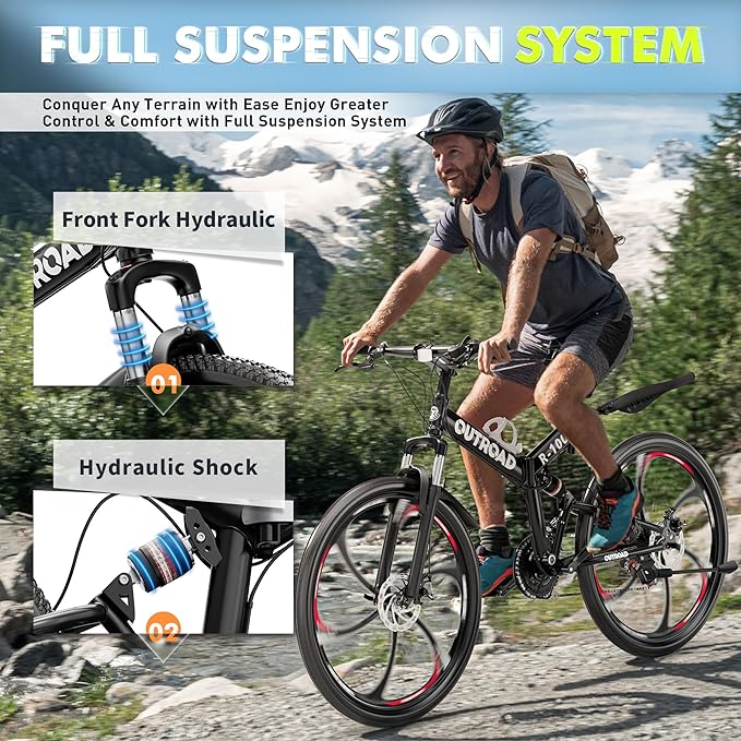 26 inch Folding Mountain Bike, Carbon Steel Frame and 21 Speed, Double Disc Brake and Dual Suspension Folding Bike for Adults/Men/Women, Easy Assembly Bicycle(Black/Green/Orange)