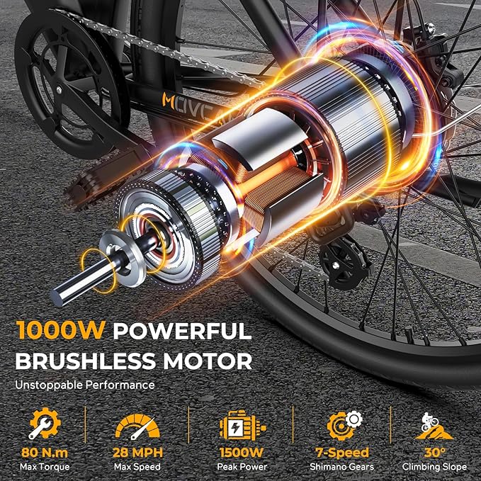 V80 Electric Bike, 1000W Motor 28MPH Ebike, 48V 13Ah Removeable Battery, 26'' City Cruiser Adult Electric Bicycles up to 70 Miles