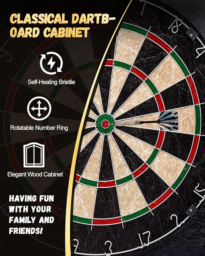 Sisal Dart Board Cabinet Sets, Decorative Dart Boards for Adults [12*Steel Darts] - Wooden Dartboard Cabinet with Integrated Scoreboard for Family Game Rooms
