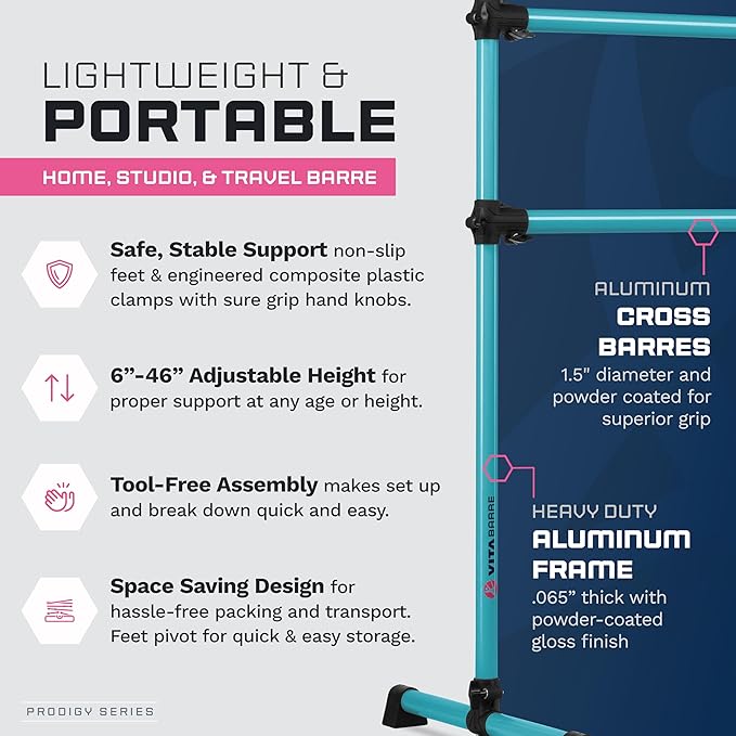 VITA Barre Portable Freestanding Double Ballet Barre, Prodigy, Aluminum | Adjustable Height, USA Made, Home or Gym Exercise Equipment for Kids & Adults | Dance, Fitness, Pilates