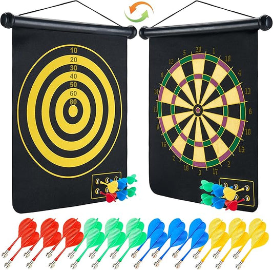 Magnetic Dart Board with 24pcs Darts,Indoor Outdoor Dart Game for Kids and Adults，2in1 Rollup Safe Dart Flights Toys Set for 3-12 Year Old Boys Girls Christmas Birthday Gifts