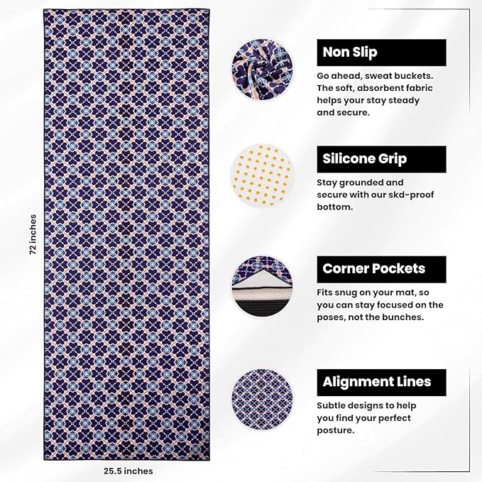 Yoga Drip Yoga Towel - Non Slip Hot Yoga Mat Towel With Corner Pockets, No-Skid Grip, and Built-in Alignment Lines | Soft, Moisture Wicking, and Sweat Absorbent | No Bunching, Stays in Place 72" x 25"