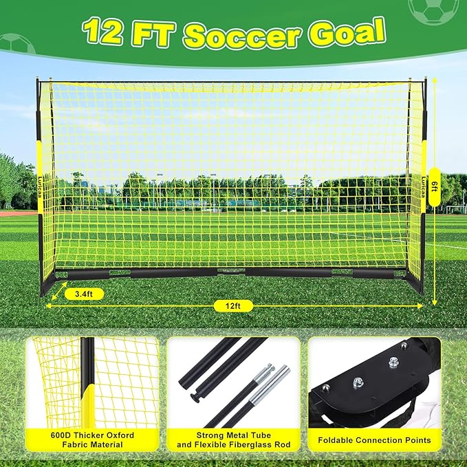 Collapsible Soccer Goal, 12×6 ft /6×4 ft Portable Soccer Goal Net for Backyard, Quick Setup Soccer Goals with 1 Carry Bag, 1 Agility Ladder, 4 Ground Nails,12 Training Cones