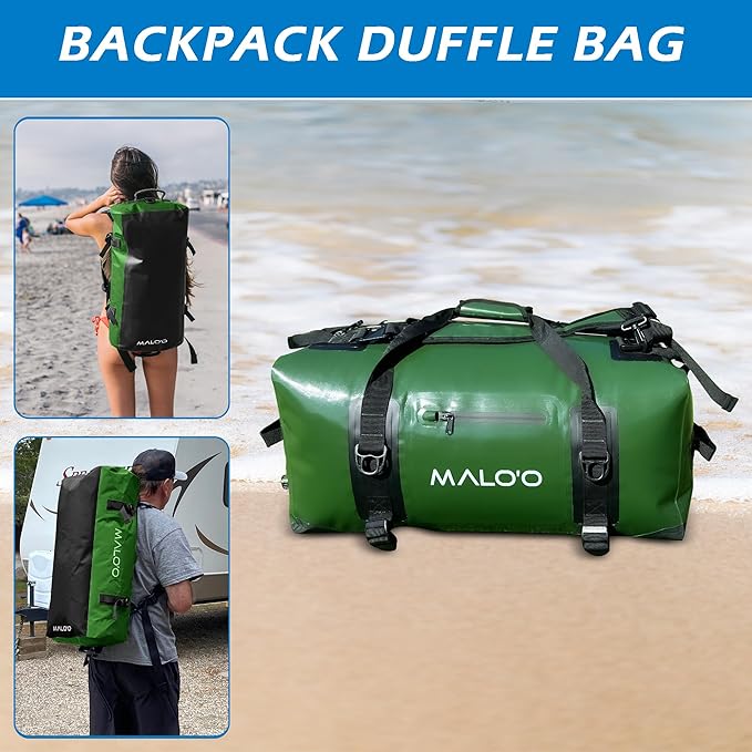 Malo'o Airtight Waterproof Adventure Duffle - Ideal for Kayaking, Camping, Beach, Fishing, Boating, Hiking - Water-Tight Zipper