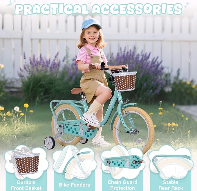 Kids Bike 16 inch Boys Girls Ages 4-7 Years Old Cruiser Bicycle with Woven Basket Single Speed for Youth Caliper Brake Band Brake Rear Rack Included Multiple Colors