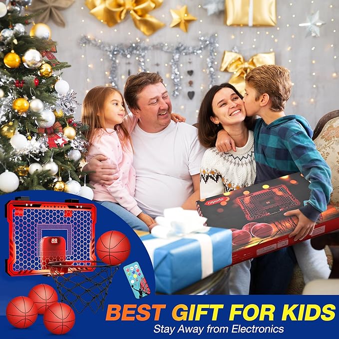 ropoda Indoor Basketball Hoop, Mini Hoop with Remote Controll, 7 LED Lights, 3 Modes Scoreboard, Mini Hoop with 4 Balls Over The Door, Basketball Hoop Indoor, Toys Gifts for Kids Adults