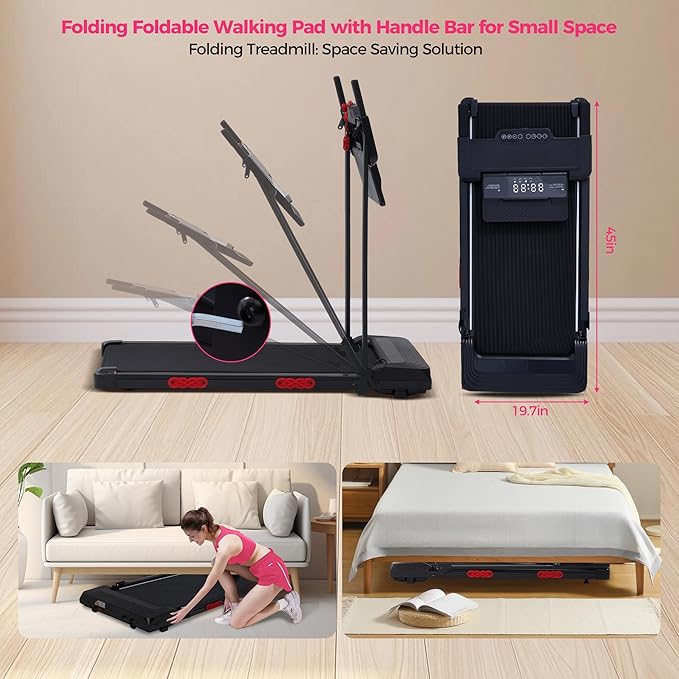 Portable Walking Pad Treadmill with Handle Bar, Foldable Folding Walking Pads Treadmills for Home with Handles