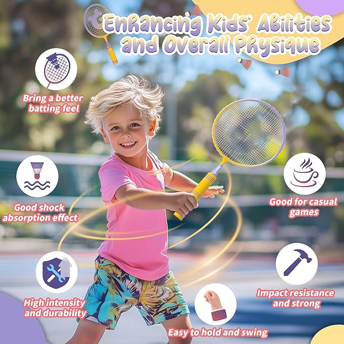 JOY SPOT! Kids Badminton Rackets Set with Soft Grip, Oversize & Lightweight Shuttlecocks Racquet with Carry Bag for Children Youth, 2 Player Sport Game for Indoor Outdoor Backyard