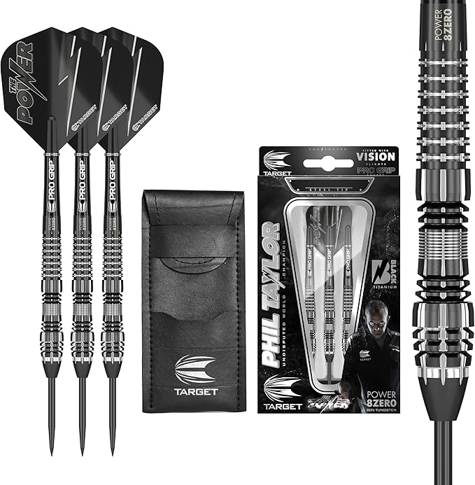 TARGET Darts Phil Taylor Power 8-Zero 4 Black Steel Tip Darts, 80% Tungsten Dart Set, P8Z4, 21G/23G/25G | Player Edition Darts with Swiss Point Tips or Fixed Points | Black Darts Case Included