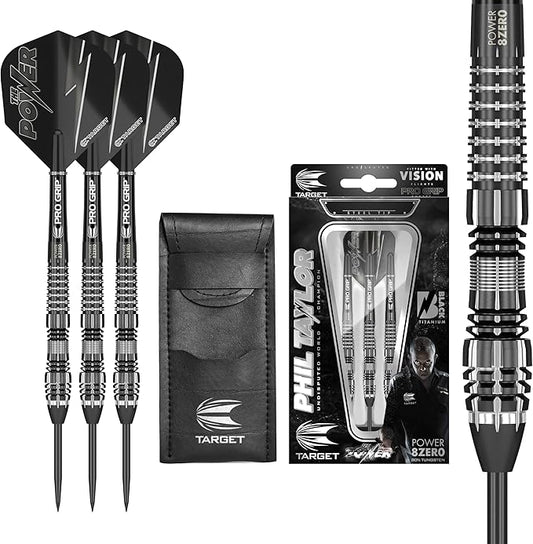 TARGET Darts Phil Taylor Power 8-Zero 4 Black Steel Tip Darts, 80% Tungsten Dart Set, P8Z4, 21G | Player Edition Darts with Fixed Points | Black Darts Case Included