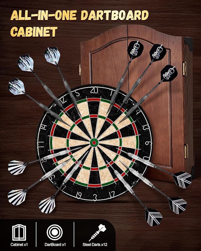 Sisal Dart Board Cabinet Sets, Decorative Dart Boards for Adults [12*Steel Darts] - Wooden Dartboard Cabinet with Integrated Scoreboard for Family Game Rooms