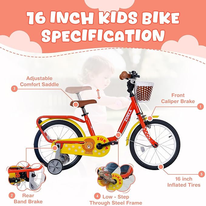Kids Bike 16 inch Boys Girls Ages 4-7 Years Old Cruiser Bicycle with Woven Basket Single Speed for Youth Caliper Brake Band Brake Rear Rack Included Multiple Colors
