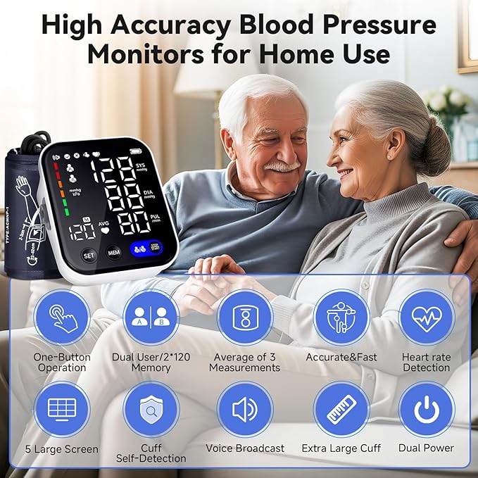 Blood Pressure Monitor, Upper Arm Blood Pressure Monitors for Home Use, Adjustable 8.7"-16.5" Blood Pressure Cuff, 2-User 2X120 Memory, One Touch Operation, Accurate BP Machine