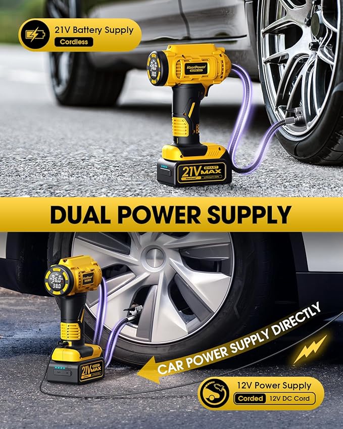 Cordless Tire Inflator Portable Air Compressor, 160PSI Car Tire Air Pump, 21V Rechargeable Battery Powered Air Compressor, Dual Power, Larger HD Digital Gauge w/4+N Smart Modes (Yellow)