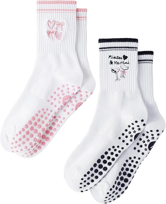 Yawlsow Pilates Grip Socks for Women Yoga Grippy Socks Cute Barre Non Skid Athletic Crew Sticky Sock Workout Hospital
