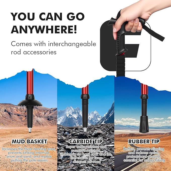 Telescopic Walking Cane 43 Inch with Anti-Shock & T-Grip Handle - 7075 Aluminum Quick Lock Trekking Pole, Ultralight for Hiking, Camping, Mountaineering