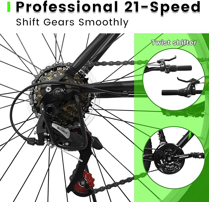 Mountain Bike 24 26 Inch, 21 Speeds Aluminum Frame/High-Carbon Steel Frame, Front Suspension Boys Girls Sport Bike, Adult Teens Bicycle for City Commuters, Summer Ride and Short Trip Camping