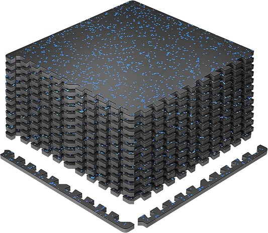 SUPERJARE 0.79'' Extra-Thick Exercise Equipment Mats, 12 Pcs 48 Sq Ft Rubber Top Floor Tiles with High Density EVA Foam, Interlocking Gym Flooring for Home Gym, Workout Mat, Black/Blue