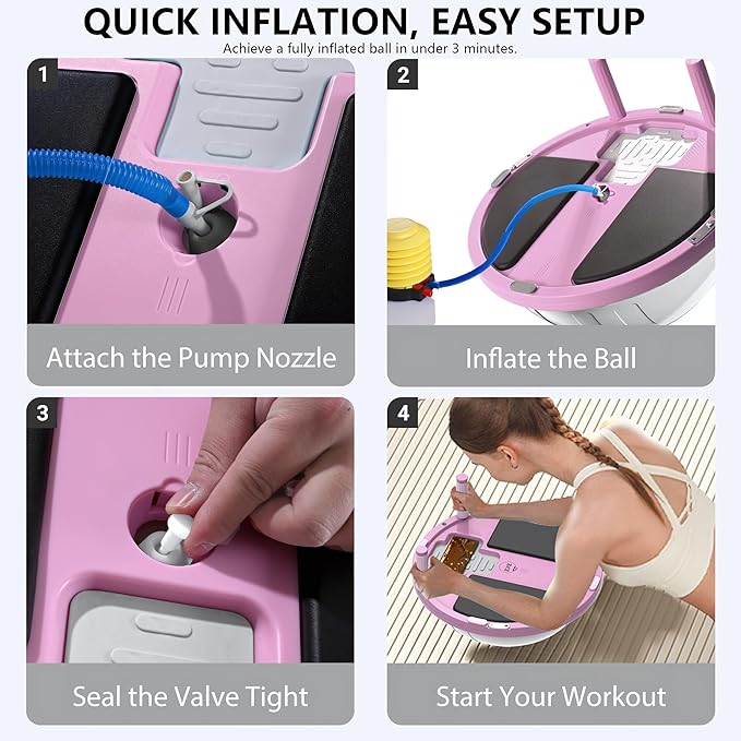 ZPZ Half Balance Ball Trainer, Compact Portable Inflatable Exercise Yoga Stability Ball with App-Based Balance Game, Pilates Resistance Bands, Foot Pump, Non-Slip Base for for Full-Body Workouts, Home Gym & Easy Storage (18.3 Inch Pink)